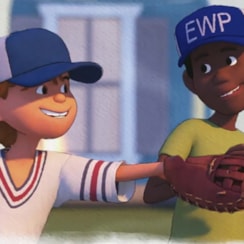 Two carton boys in baseball uniforms. 